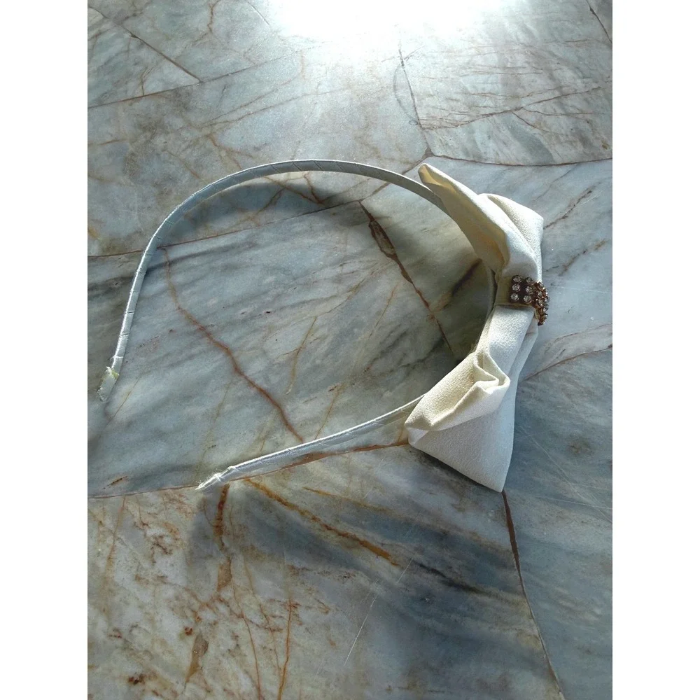 Cream Fabric Bow Headband with Rhinestone Center Classic Elegant Hair Accessory